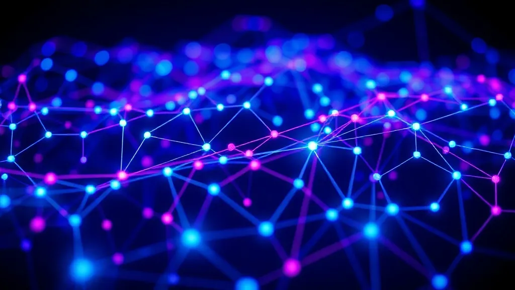 Abstract digital pattern of glowing blue and purple nodes an