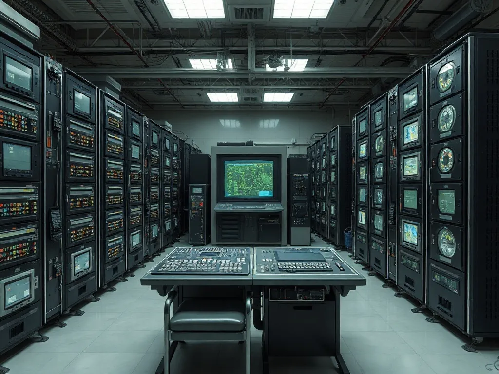 A high-tech vintage computer room with massive mainframe ser